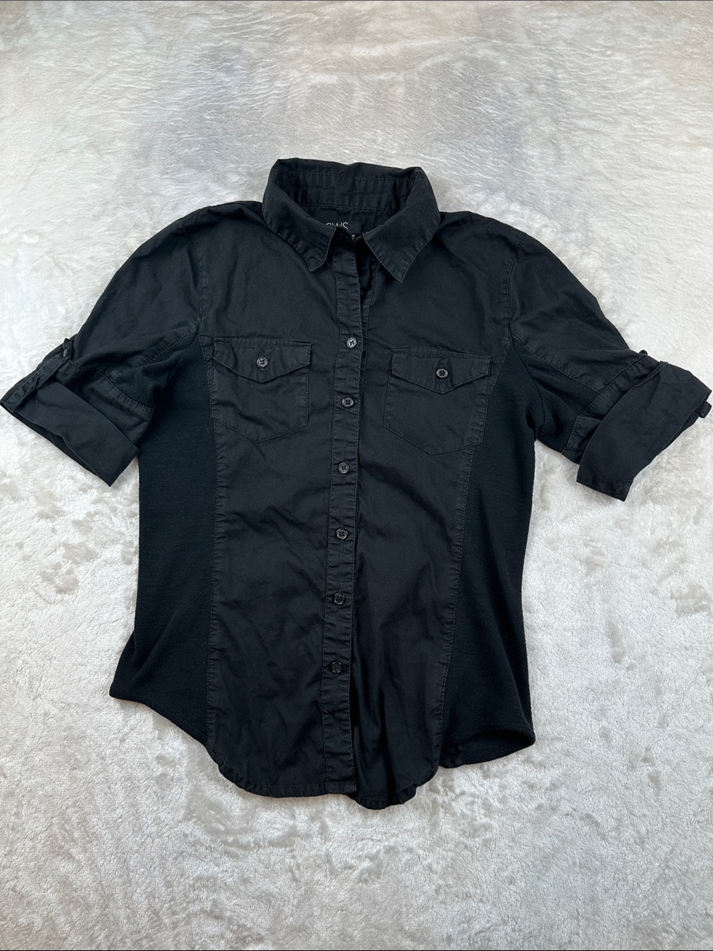 SWS Studio Works Womens Large Black Button Front Utility Shirt Roll Tab Sleeve L